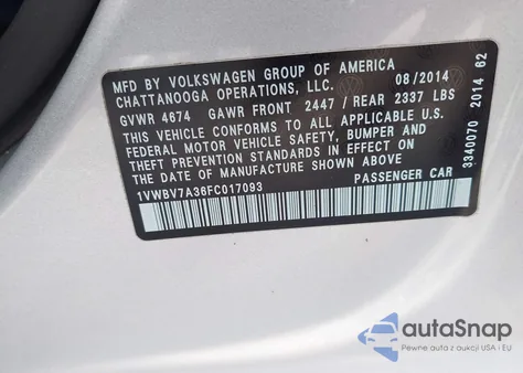 2015 Volkswagen Passat 2.0L Tdi Se z USA, uszkodzony, nr VIN 1VWBV7A36FC017093